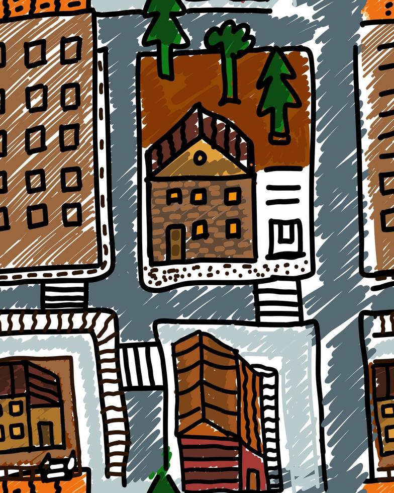 padrão sem emenda de mão desenhada cidade. papel de parede bonito do mapa da cidade. elementos da cidade - casas, edifícios, árvores, estradas. estilo doodle. design para tecido, impressão têxtil, embrulho, capa. ilustração vetorial vetor