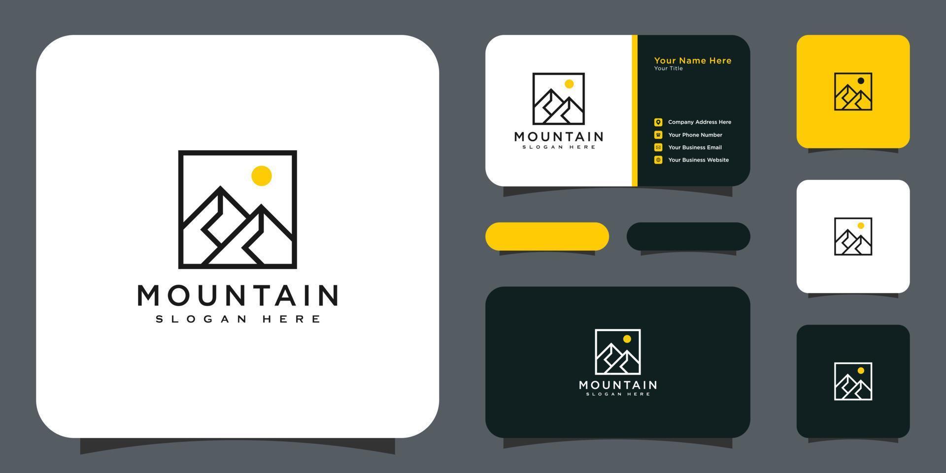 estilo de linha de design de vetor de logotipo de montanha e cartão de visita