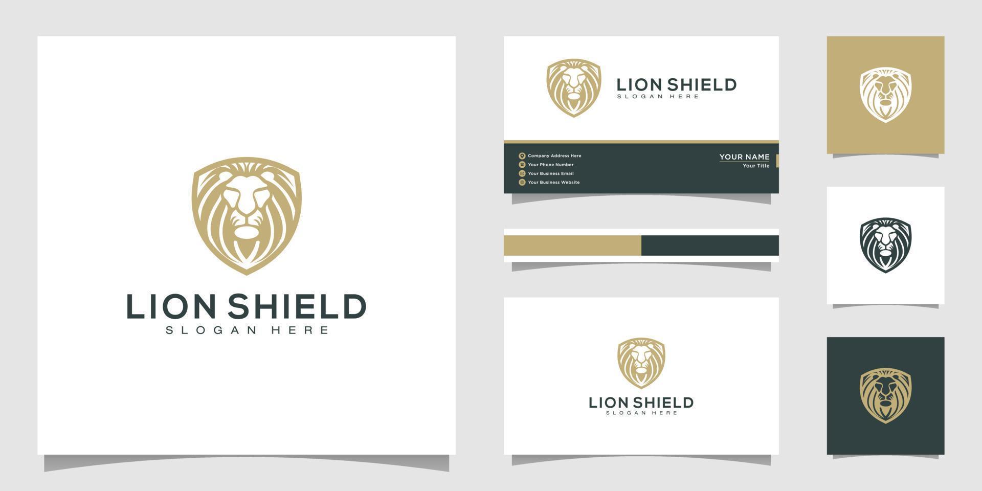 vetor de design de logotipo animal escudo de leão e cartão de visita