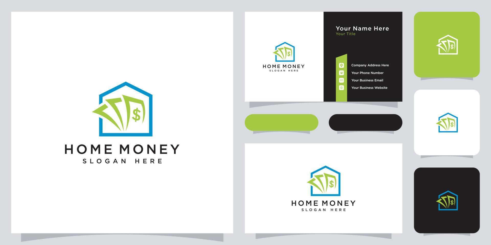 design de logotipo de casa e dinheiro e cartão de visita vetor