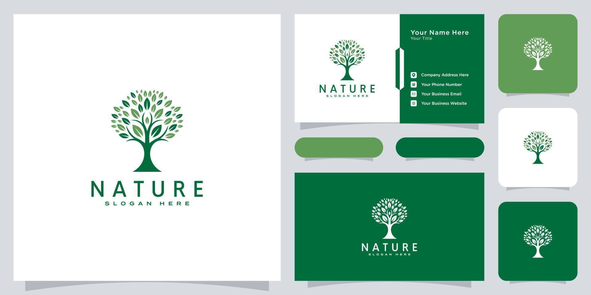 elementos de design de logotipo de árvore. modelo de logotipo de jardim verde e cartão de visita vetor