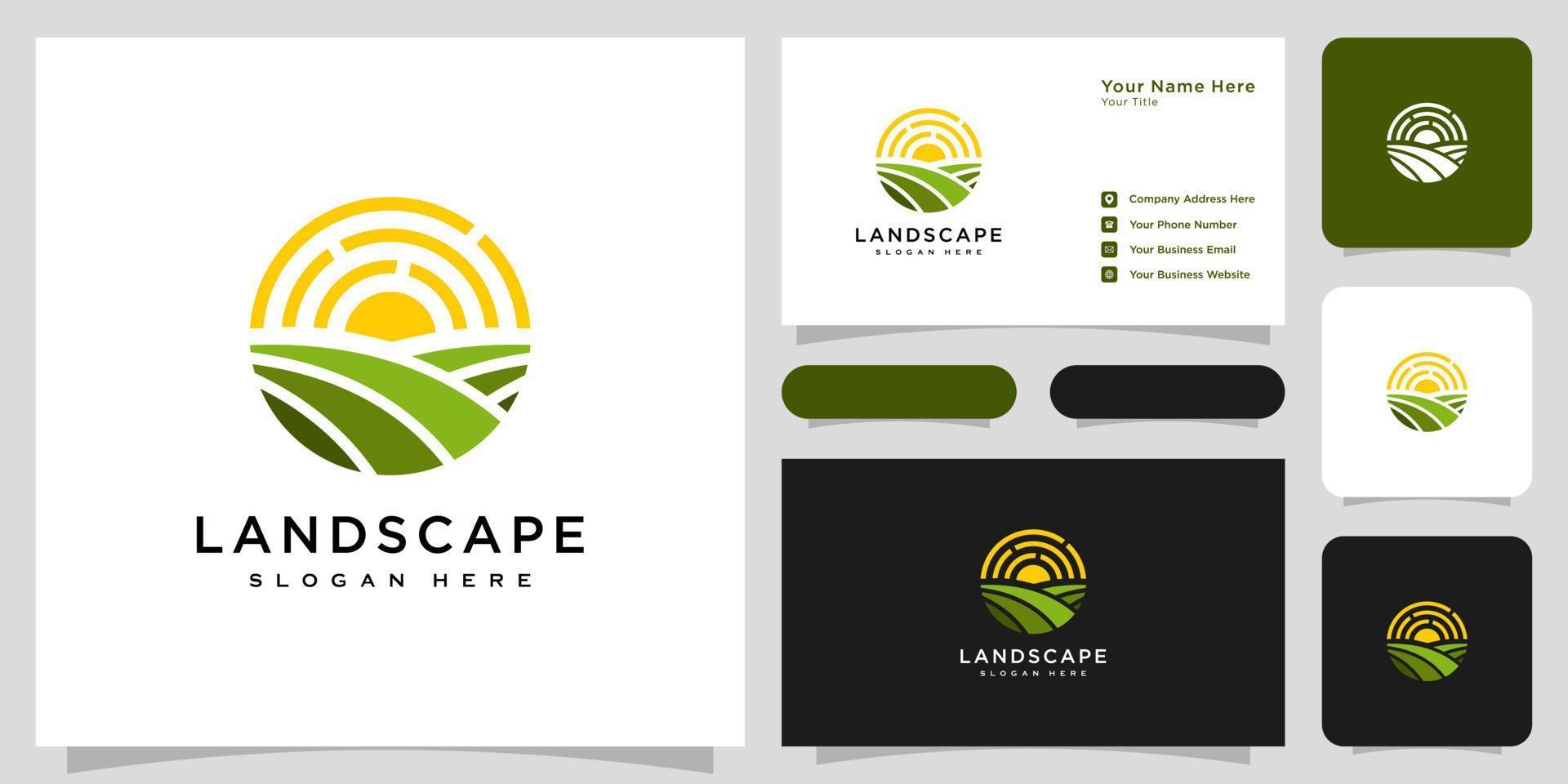 design de vetor de logotipo de sol de paisagem e cartão de visita