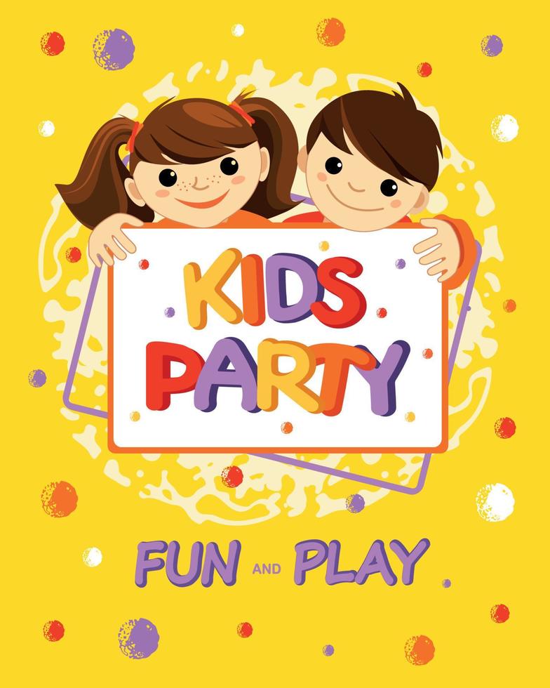 menina e menino, playground para brincar e se divertir. super banner para festa infantil em estilo cartoon. um lugar para se divertir e brincar, uma brinquedoteca para uma festa de aniversário. vetor