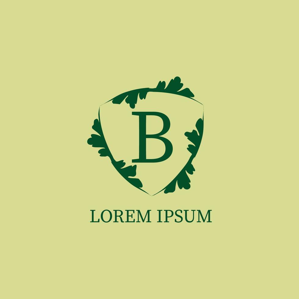 letra b modelo de design de logotipo alfabético isolado na cor bege verde. ilustração de sinal de escudo floral decorativo. guarda da natureza, conceito de logotipo de segurança. vetor