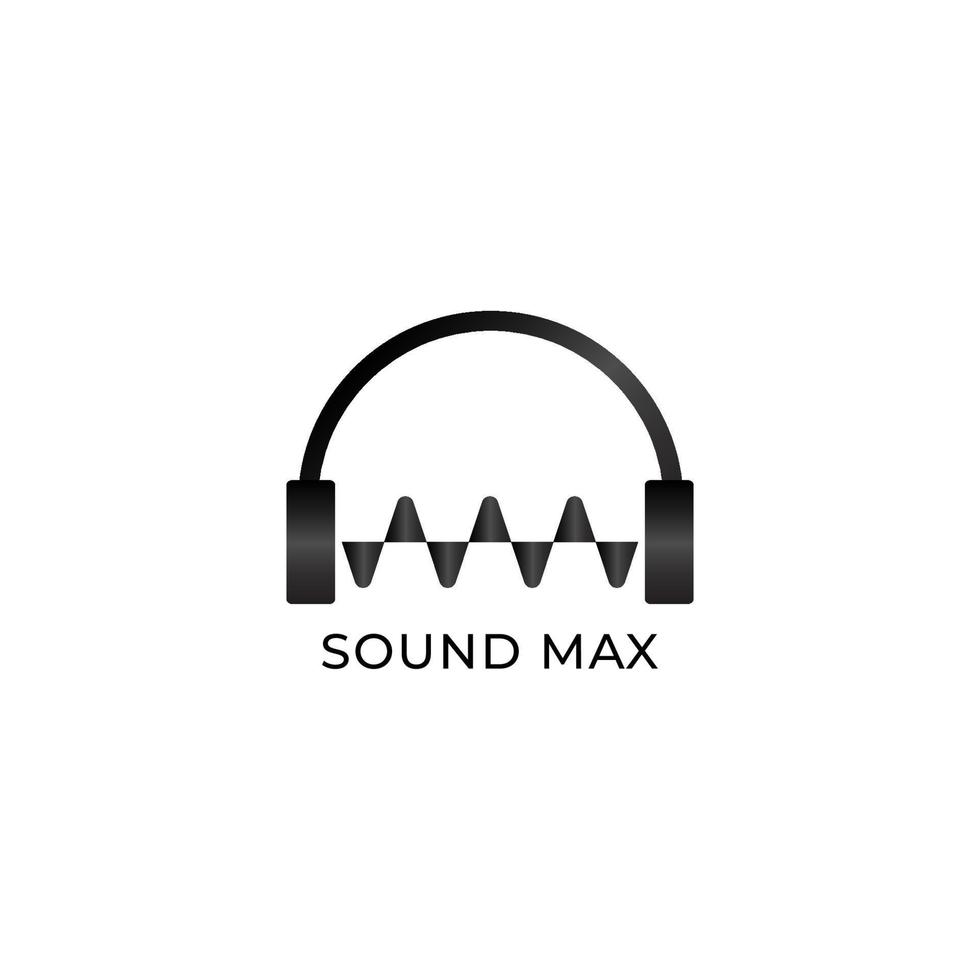 logotipo sound max, fone de ouvido com conceito de design de logotipo de onda sonora, modelo de design de logotipo de áudio preto e branco vetor