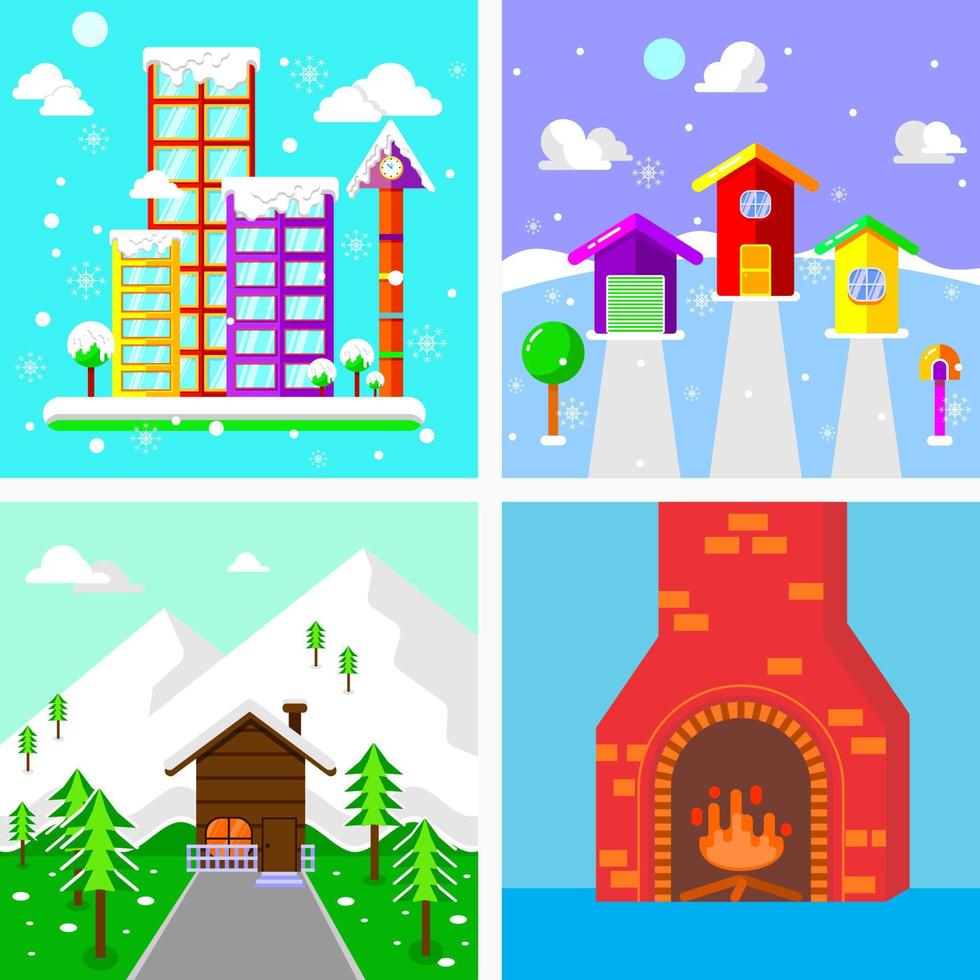 coleção de ilustração de construção de inverno. cidade, casa, floresta e lareira. com estilo plano, colorido e alegre. adequado para cartão, papel de parede ou decoração vetor