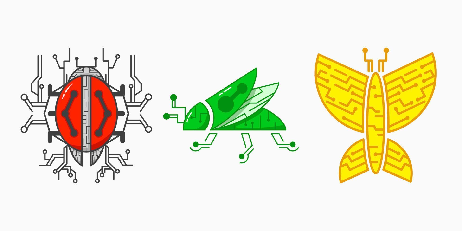 conjunto de conceito de logotipo de tecnologia de insetos. joaninha, gafanhoto e borboleta. estilo animal, único, plano e moderno. vermelho, verde e amarelo. adequado para logotipo, ícone, símbolo e sinal. como logotipo antivírus vetor