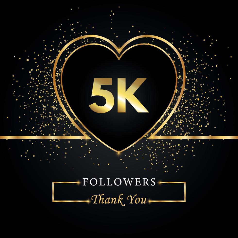 obrigado 5k ou 5 mil seguidores com coração e glitter dourados isolados em fundo preto. modelo de cartão de saudação para amigos de redes sociais e seguidores. obrigado, seguidores, conquista. vetor