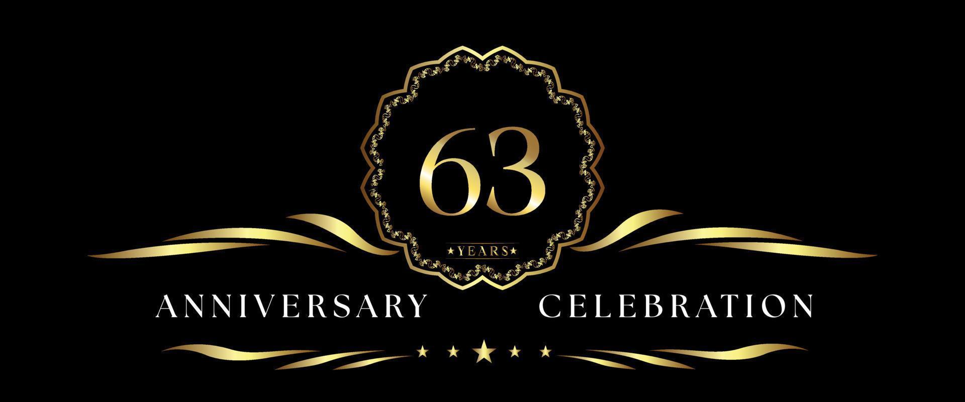 Celebração de aniversário de 63 anos com moldura decorativa dourada isolada em fundo preto. design vetorial para cartão de felicitações, festa de aniversário, casamento, festa de evento, cerimônia. logotipo de aniversário de 63 anos. vetor