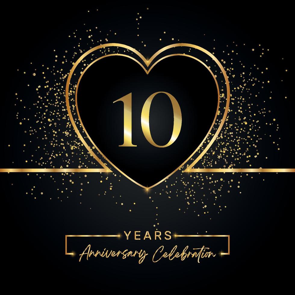 Celebração de aniversário de 10 anos com coração de ouro e glitter dourados em fundo preto. desenho vetorial para saudação, festa de aniversário, casamento, festa do evento. logotipo de aniversário de 10 anos vetor