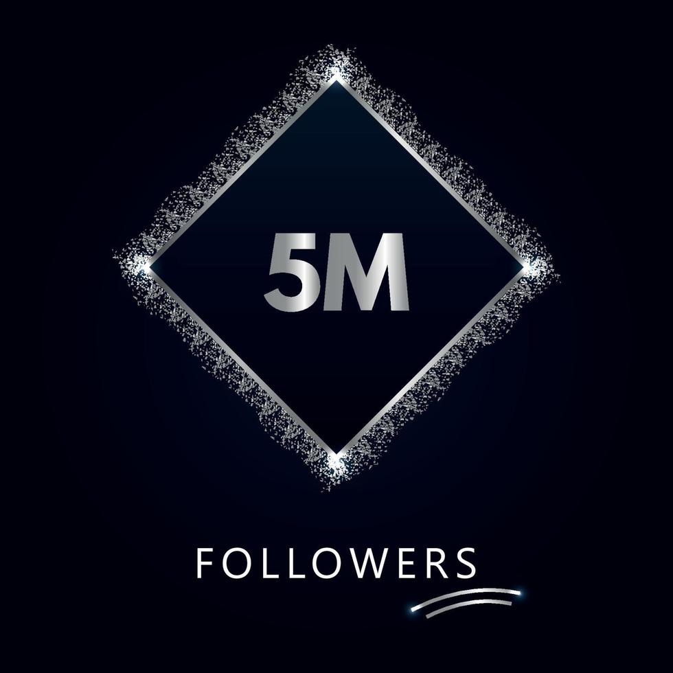 5m com glitter prata isolado em fundo azul marinho. modelo de cartão para redes sociais gosta, assinantes, comemorando, amigos e seguidores. 5 milhões de seguidores vetor