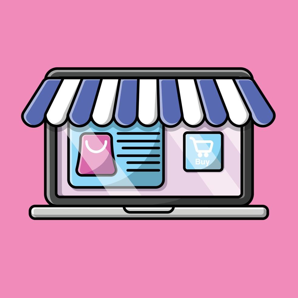 compras on-line na ilustração do ícone do vetor dos desenhos animados do laptop. negócio objeto ícone conceito isolado vetor premium.