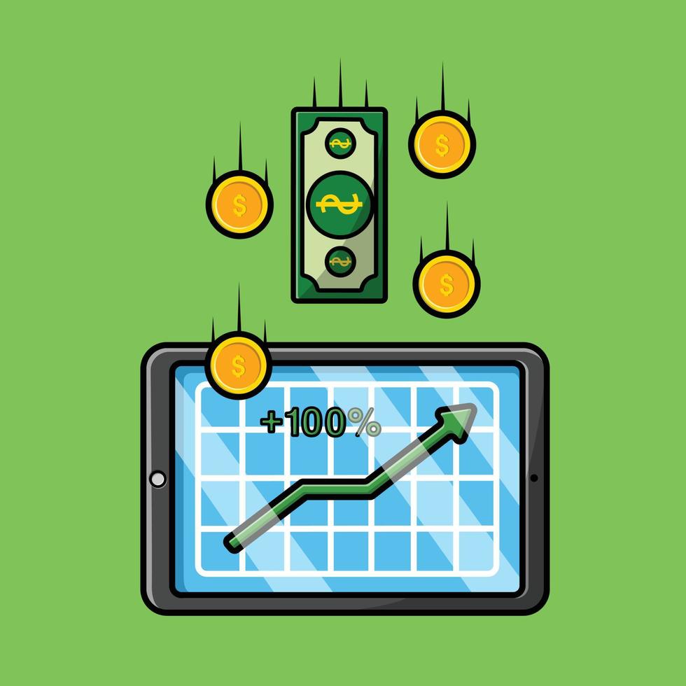 tablet de caneta com dinheiro de moeda e ilustração de ícone de vetor gráfico estatística dos desenhos animados. conceito de ícone de finanças de negócios isolado vetor premium.
