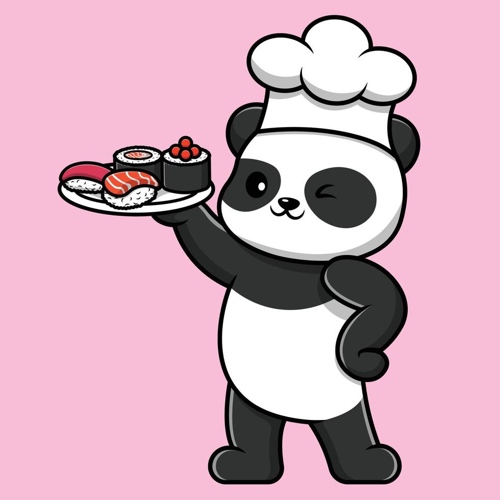 bonitinho chef panda segurando a ilustração de ícone de desenho vetorial de sushi. conceito de ícone de comida animal isolado vetor premium.