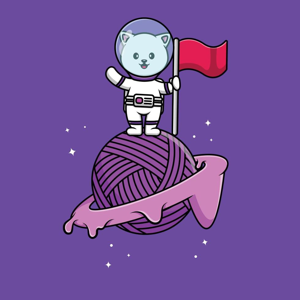 astronauta de gato bonito segurando a bandeira na ilustração de ícone de vetor dos desenhos animados do planeta de fios. ciência animal ícone conceito isolado vetor premium.