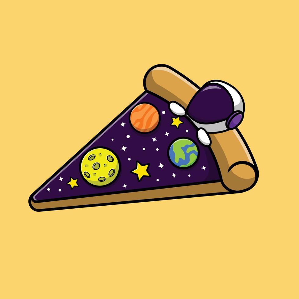 astronauta bonito dormindo na ilustração de ícone de vetor de desenhos animados de galáxia de pizza. vetor premium isolado de conceito de comida científica