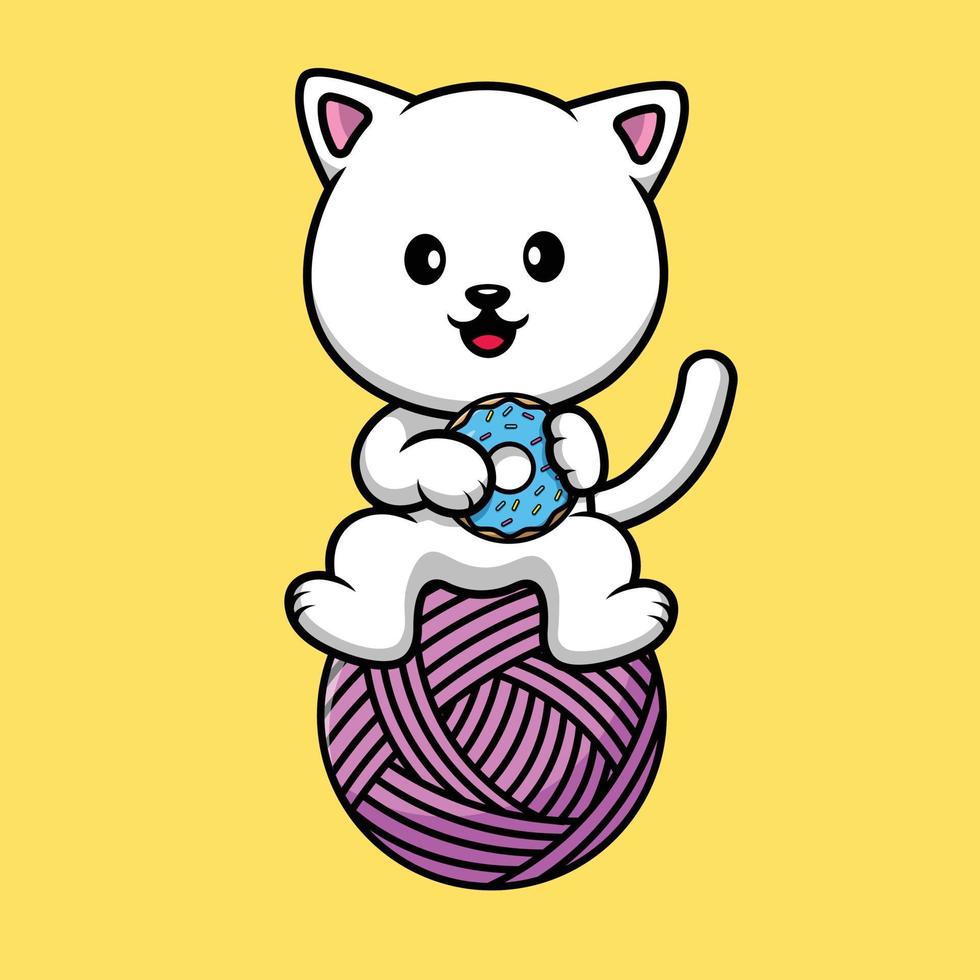 gato bonito segurando rosquinha na ilustração de ícone do vetor dos desenhos animados de bola de fio. conceito de ícone de comida animal isolado vetor premium.