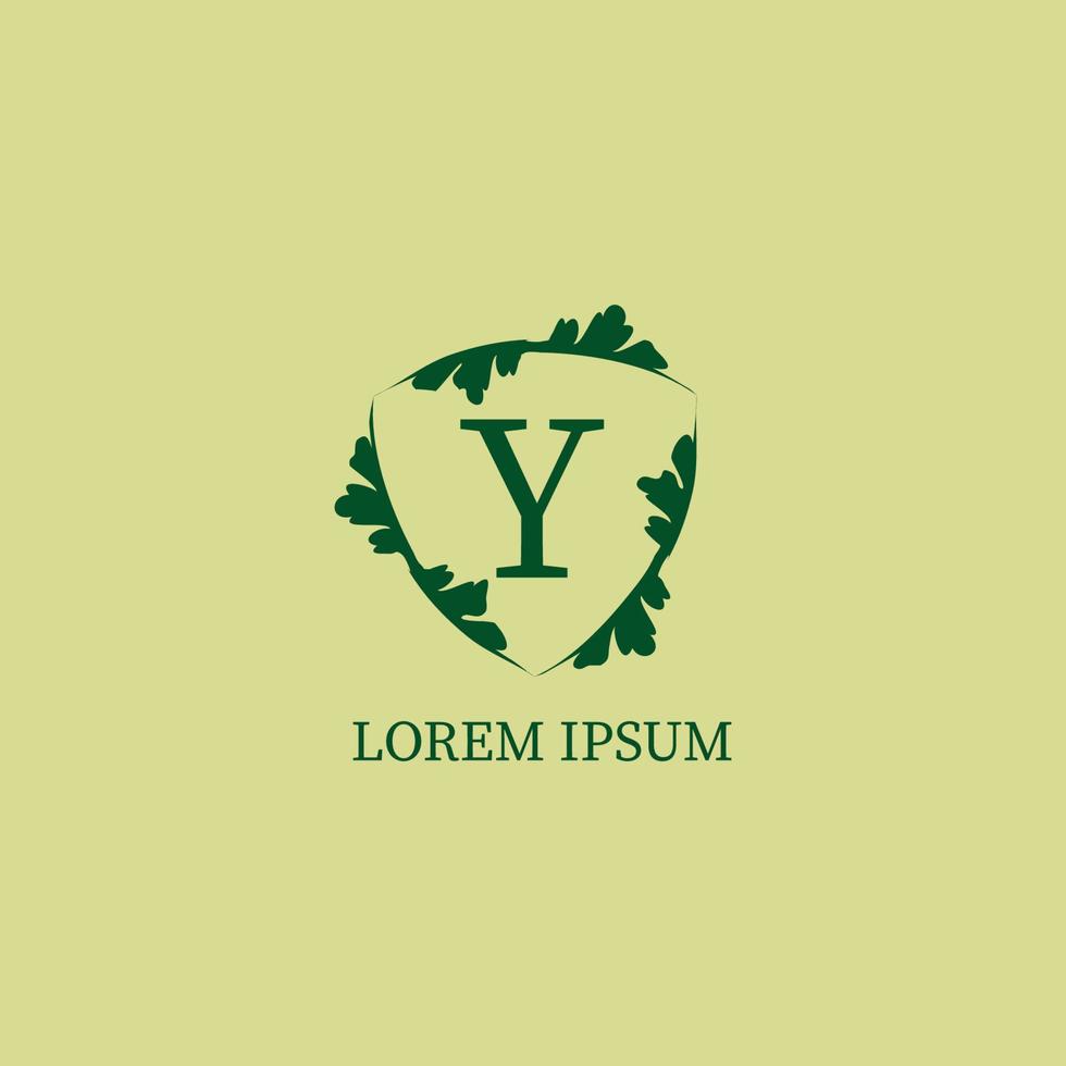 modelo de design de logotipo alfabético letra y. ilustração de sinal de escudo floral decorativo isolado na cor bege verde. guarda da natureza, conceito de logotipo de segurança. vetor