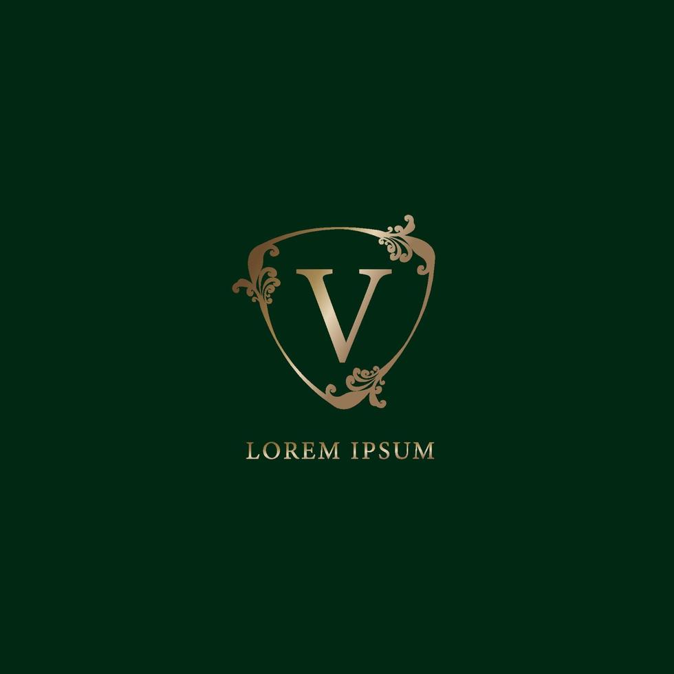 letra v modelo de design de logotipo alfabético. conceito de logotipo de seguro isolado em fundo verde escuro. ilustração de sinal de escudo floral decorativo de luxo ouro. vetor