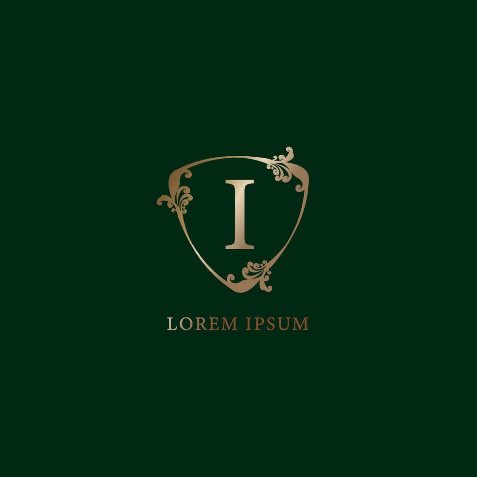 letra i modelo de design de logotipo alfabético. ilustração de sinal de escudo floral decorativo de luxo ouro. conceito de logotipo de seguro isolado em fundo verde escuro, vetor