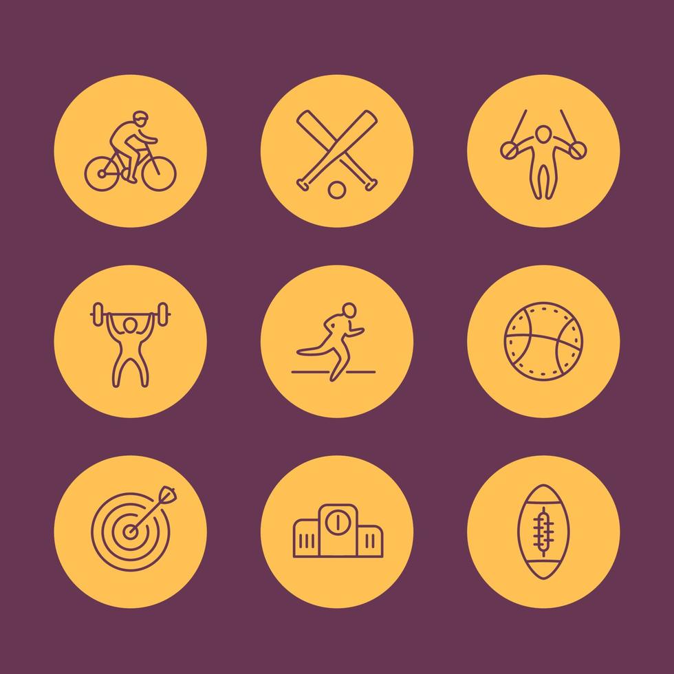 diferentes tipos de esportes, ícones de linha, pictogramas esportivos, ilustração vetorial vetor