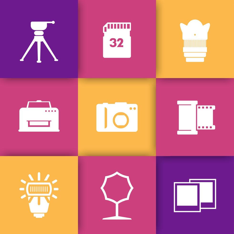 ícones de equipamentos fotográficos, câmera, tripé, cartão de memória, filme, lente, softbox, impressora, flash vetor