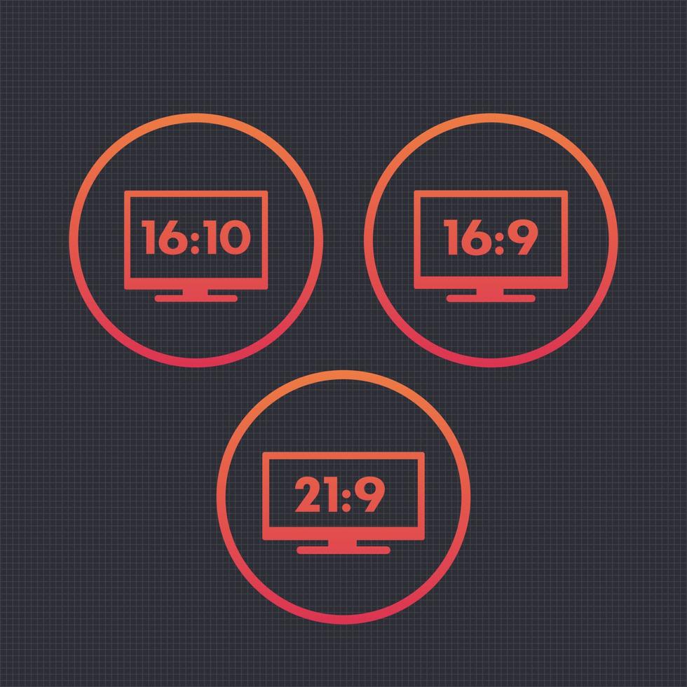 ícones de proporção de aspecto, símbolos, 16 9, 16 10, 21 9, tv widescreen, monitores vetor