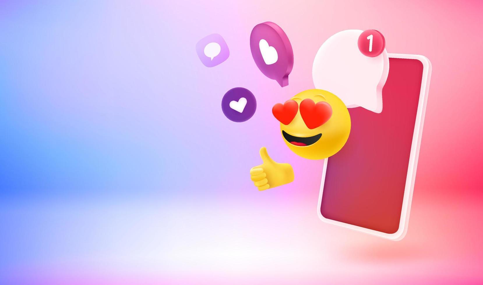 smartphone com notificações online e emoji. banner de vetor 3D com espaço de cópia