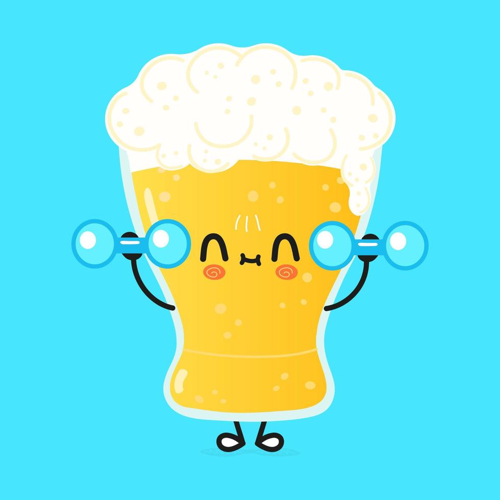 copo engraçado bonito do personagem de cerveja com halteres. vetor mão desenhada ícone de ilustração de personagem kawaii dos desenhos animados. isolado em fundo azul. copo de conceito de ginásio de personagem de cerveja