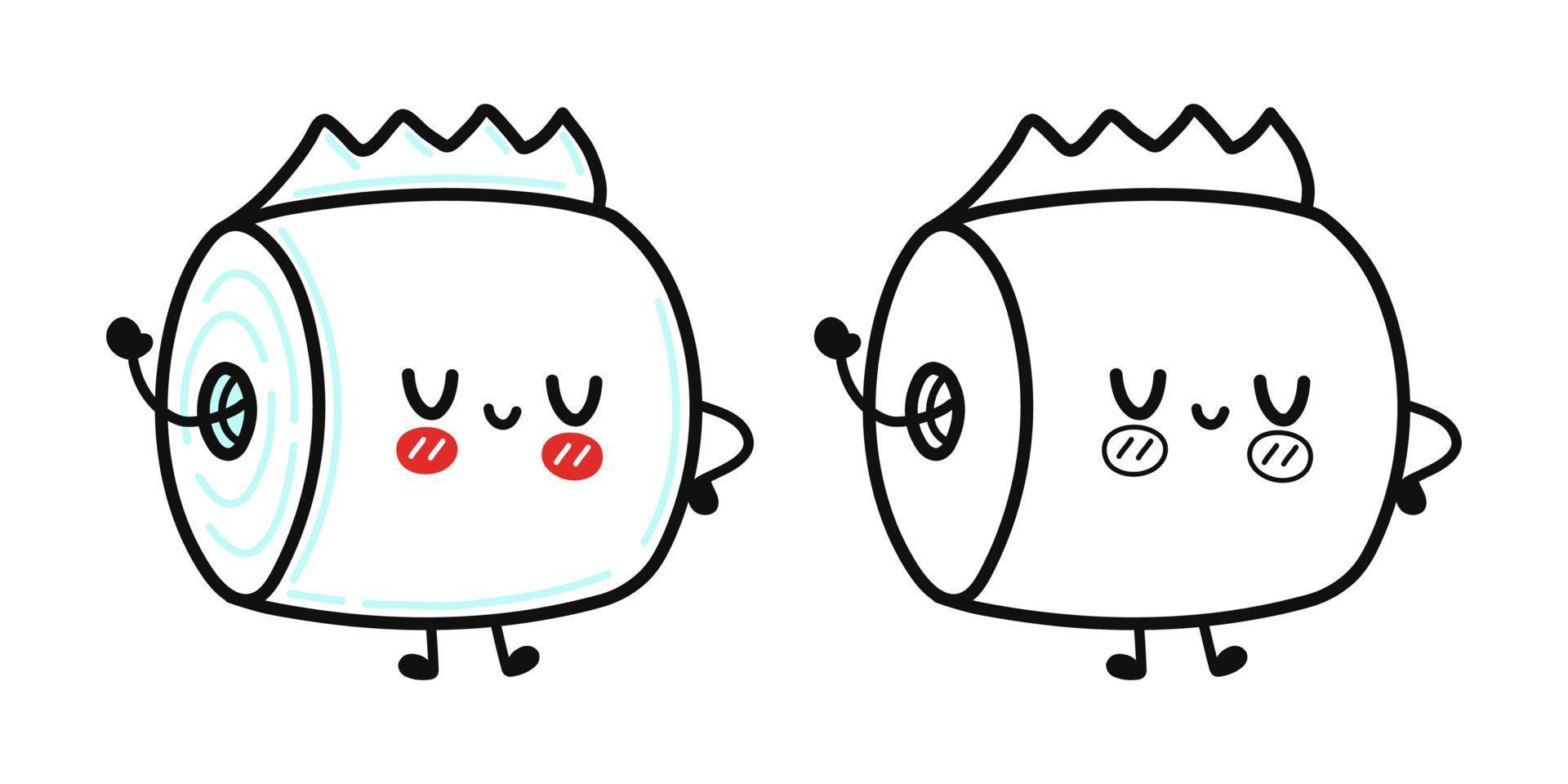 conjunto de personagens de papel higiênico feliz fofo engraçado, ilustração de desenho animado para livro de colorir vetor