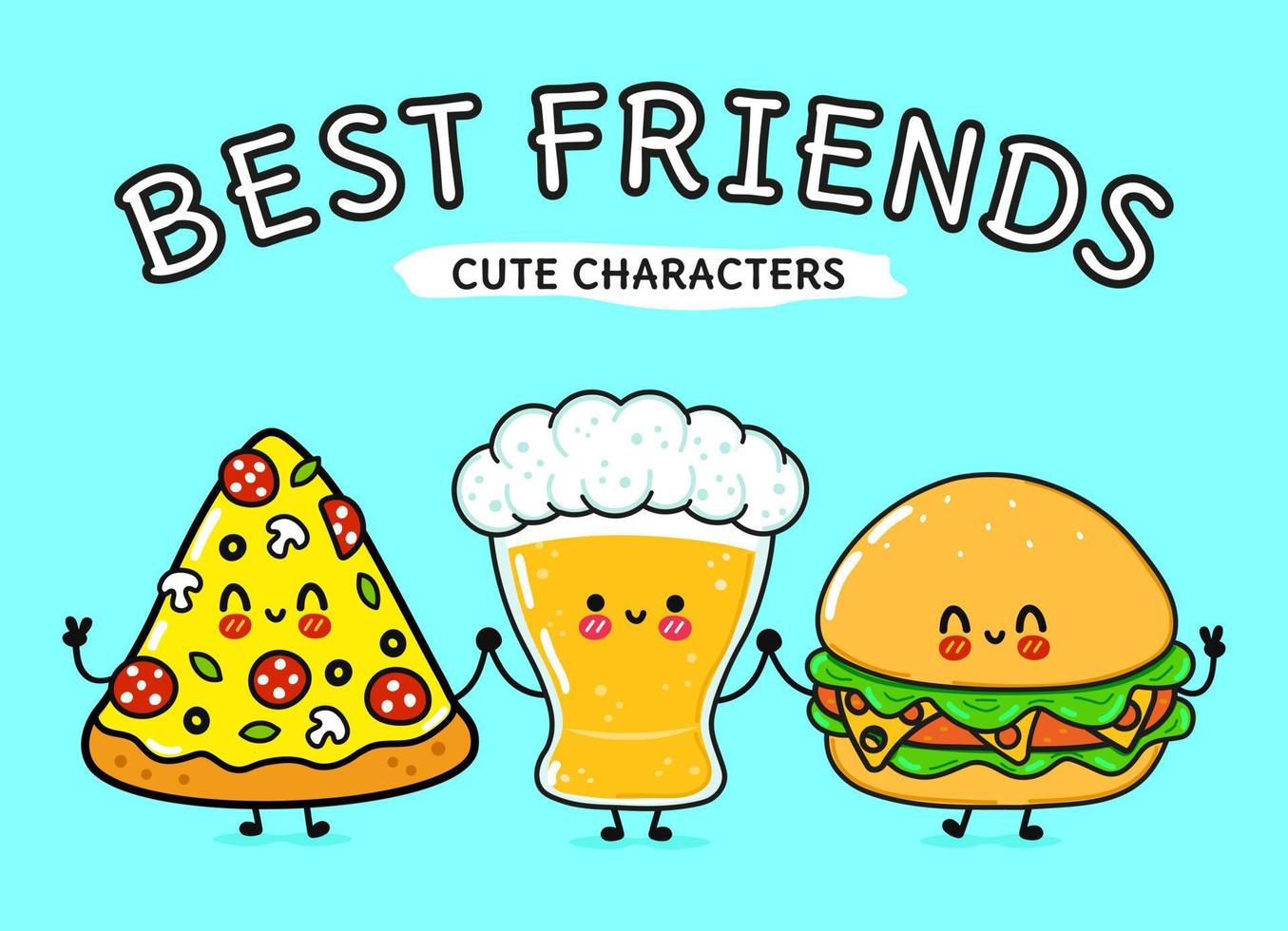 copo feliz bonito e engraçado de cerveja, pizza e hambúrguer. vector personagens de desenhos animados kawaii desenhados à mão, ícone de ilustração. copo de desenho animado de cerveja, pizza e conceito de amigos de mascote de hambúrguer