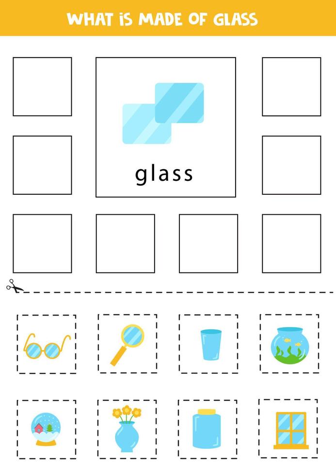 o que é feito de vidro. materiais de aprendizagem. cartões educacionais. corte e cole. vetor