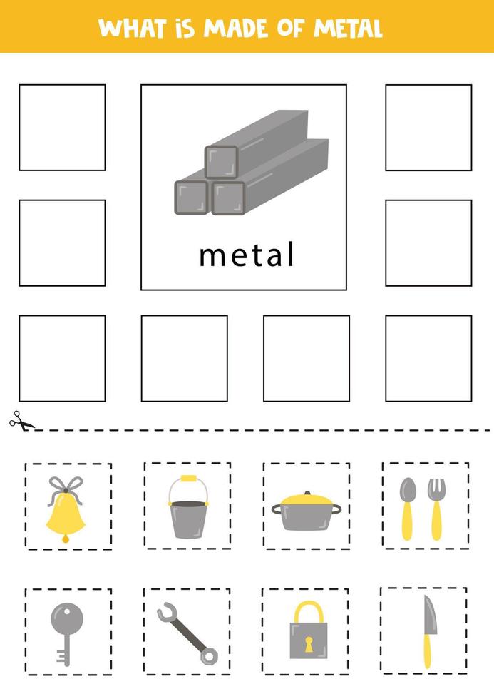 o que é feito de metal. materiais de aprendizagem. cartões educacionais. corte e cole. vetor