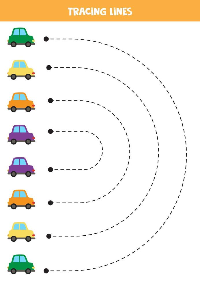 linhas de rastreamento para crianças. carros coloridos bonitos. prática da escrita. vetor