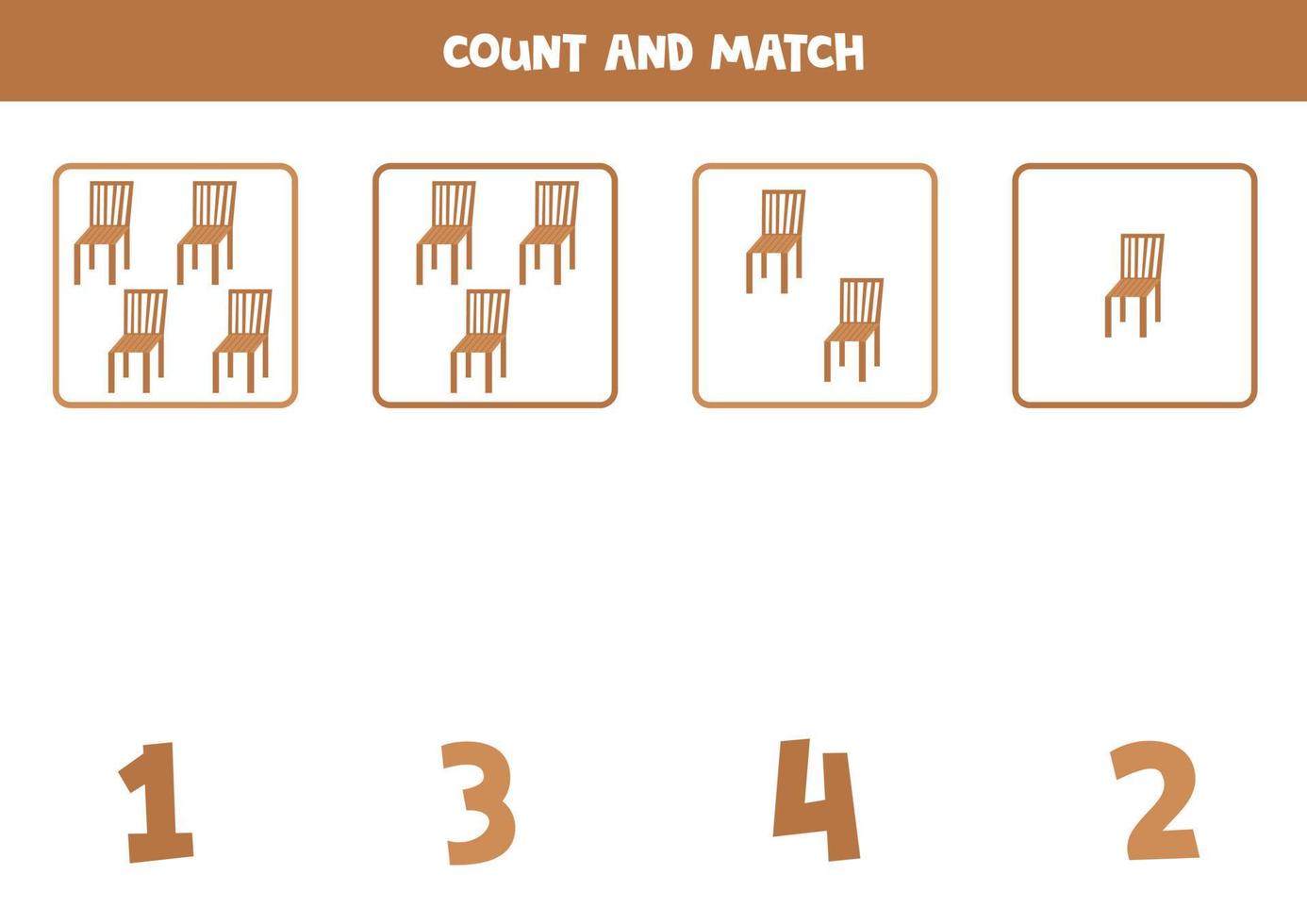 jogo de contagem para crianças. conte todas as cadeiras de madeira e combine com os números. planilha para crianças. vetor