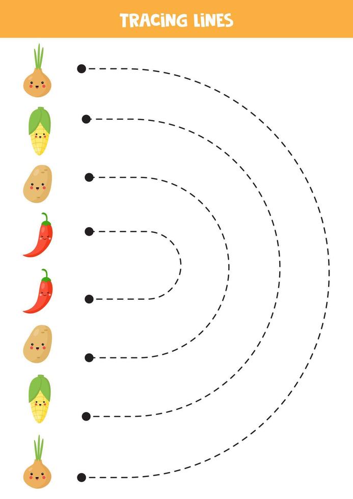 linhas de rastreamento para crianças. legumes bonitos dos desenhos animados. prática da escrita. vetor