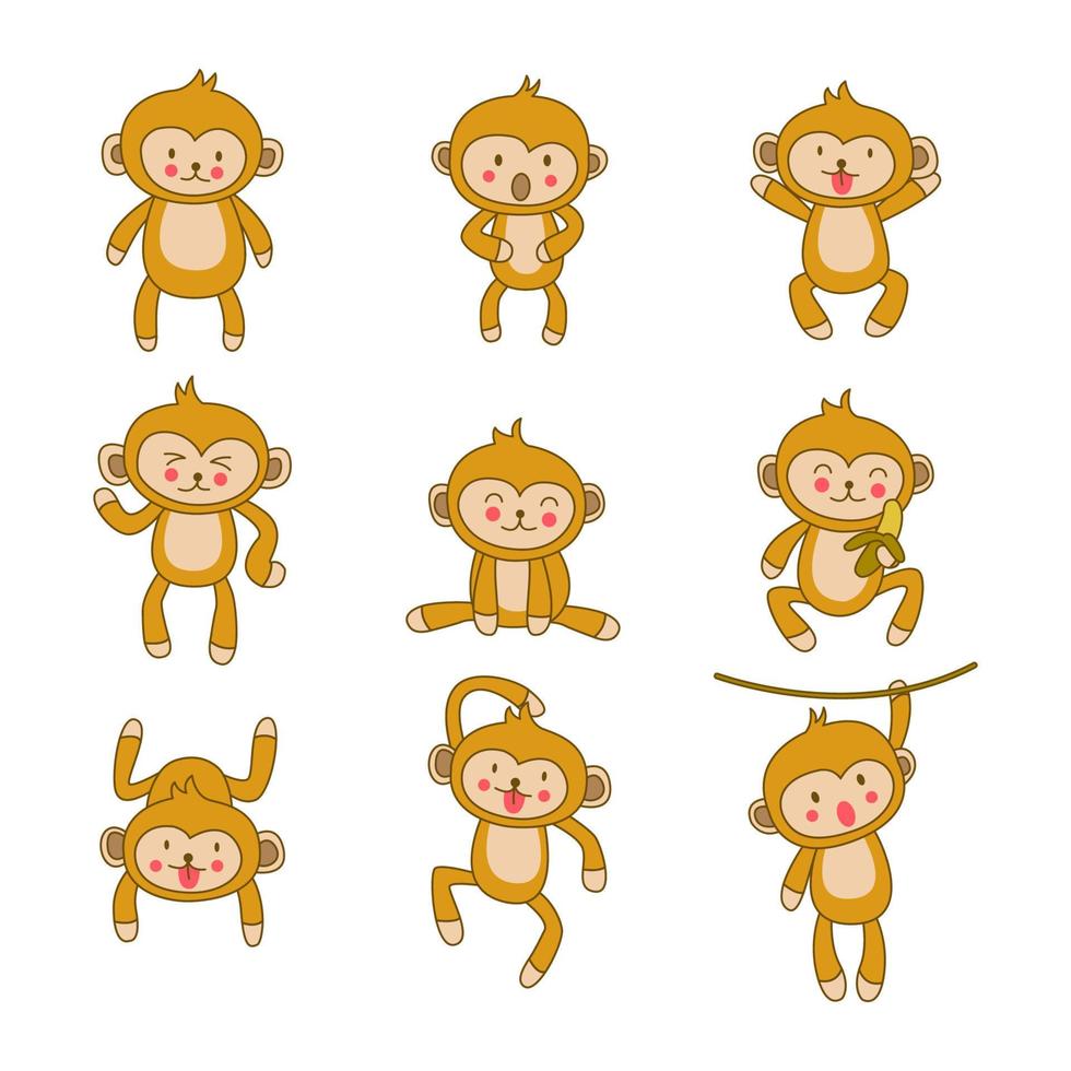 conjunto de animal fofo de macaco na versão cartoon vetor