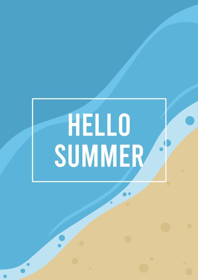 Olá cartaz de verão com fundo de praia para receber o verão e com design plano e simples vetor