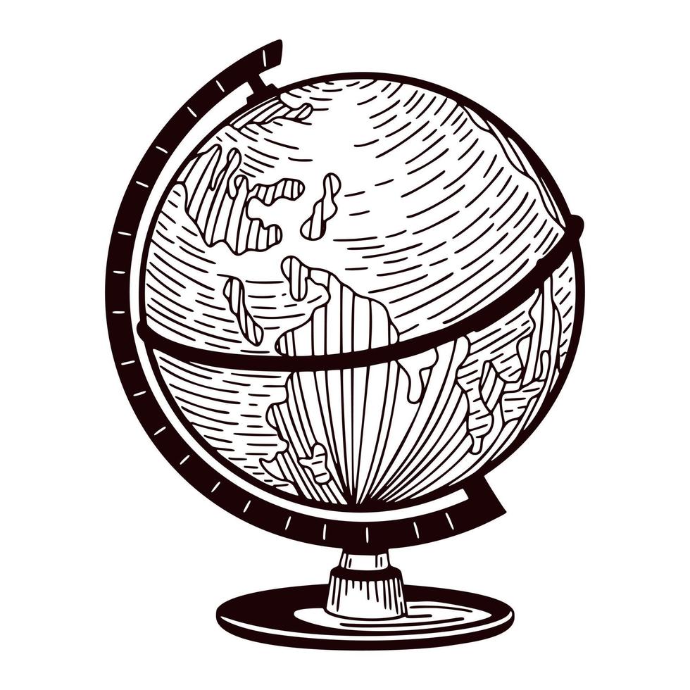 o globo gravado isolado no fundo branco. mapa-múndi vintage em estilo desenhado à mão. vetor