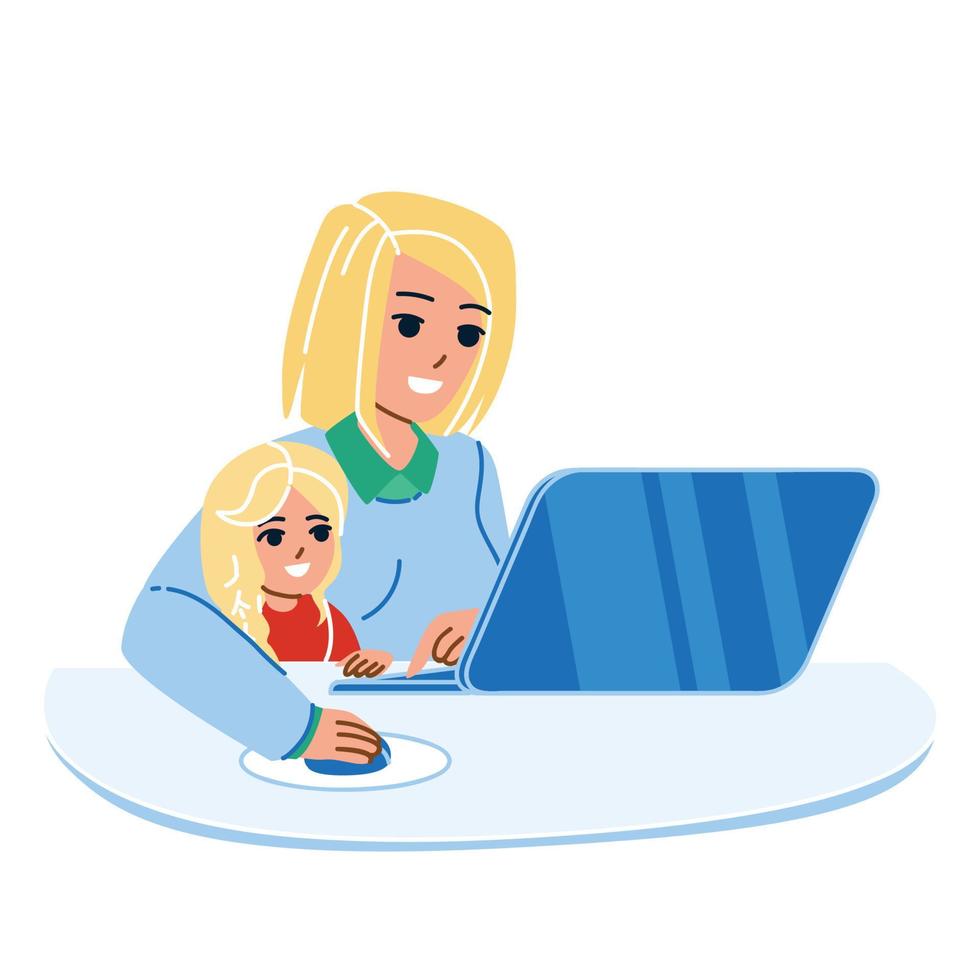 criança menina e mãe usando laptop juntos vetor