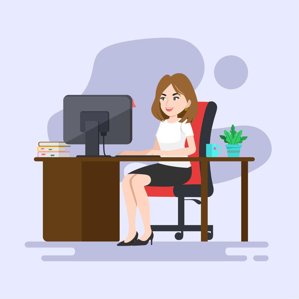 mulher de negócios no trabalho. mulher trabalhadora de escritório atrás de uma mesa de trabalho. ilustração em vetor de um design plano.