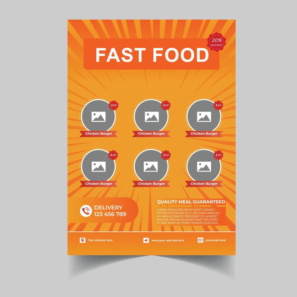 modelo de panfleto de menu de comida profissional, em tamanho a4. flyer, banner e design de layout. conceito de comida. menu de café e restaurante, junk food. pizza, hambúrguer, batatas fritas, refrigerante, design de folheto vetor