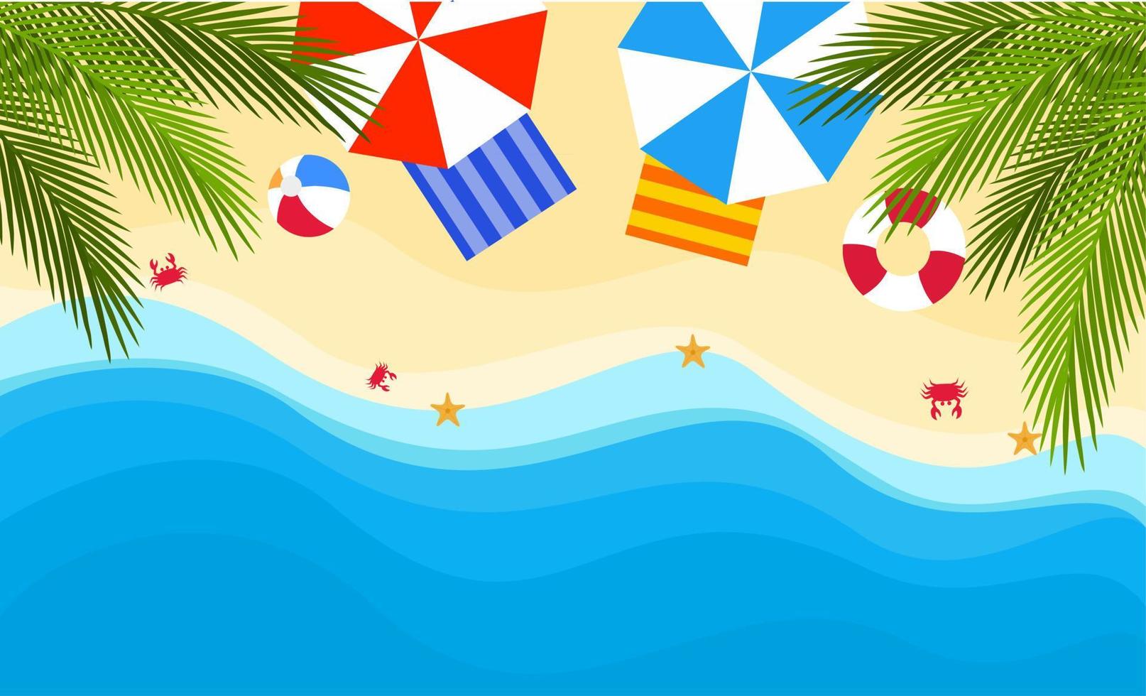design plano de fundo de verão com vista para a praia. cartaz de férias de verão. ilustração vetorial de praia tropical com guarda-chuva, anel de natação, bola, folha de palmeira, estrela do mar, caranguejo e mar vetor