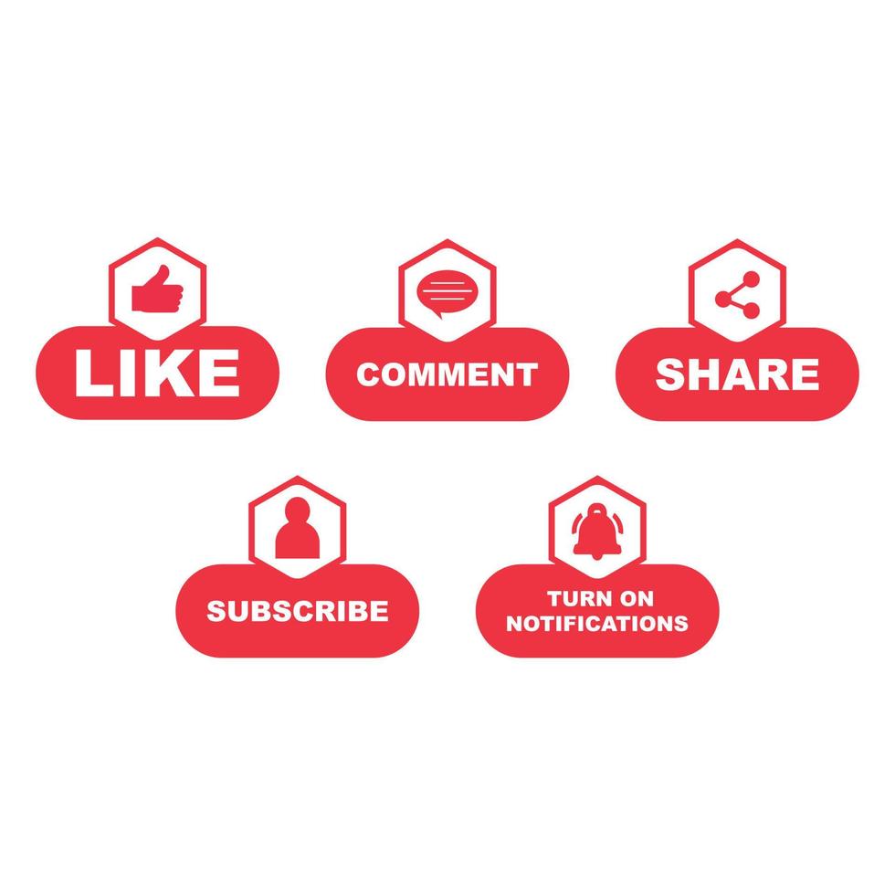 coleção de botão de assinante com várias formas. coleção de botões de cor vermelha com ícone de curtir, comentar e compartilhar. coleção de botão de mídia social simples de cor vermelha. vetor