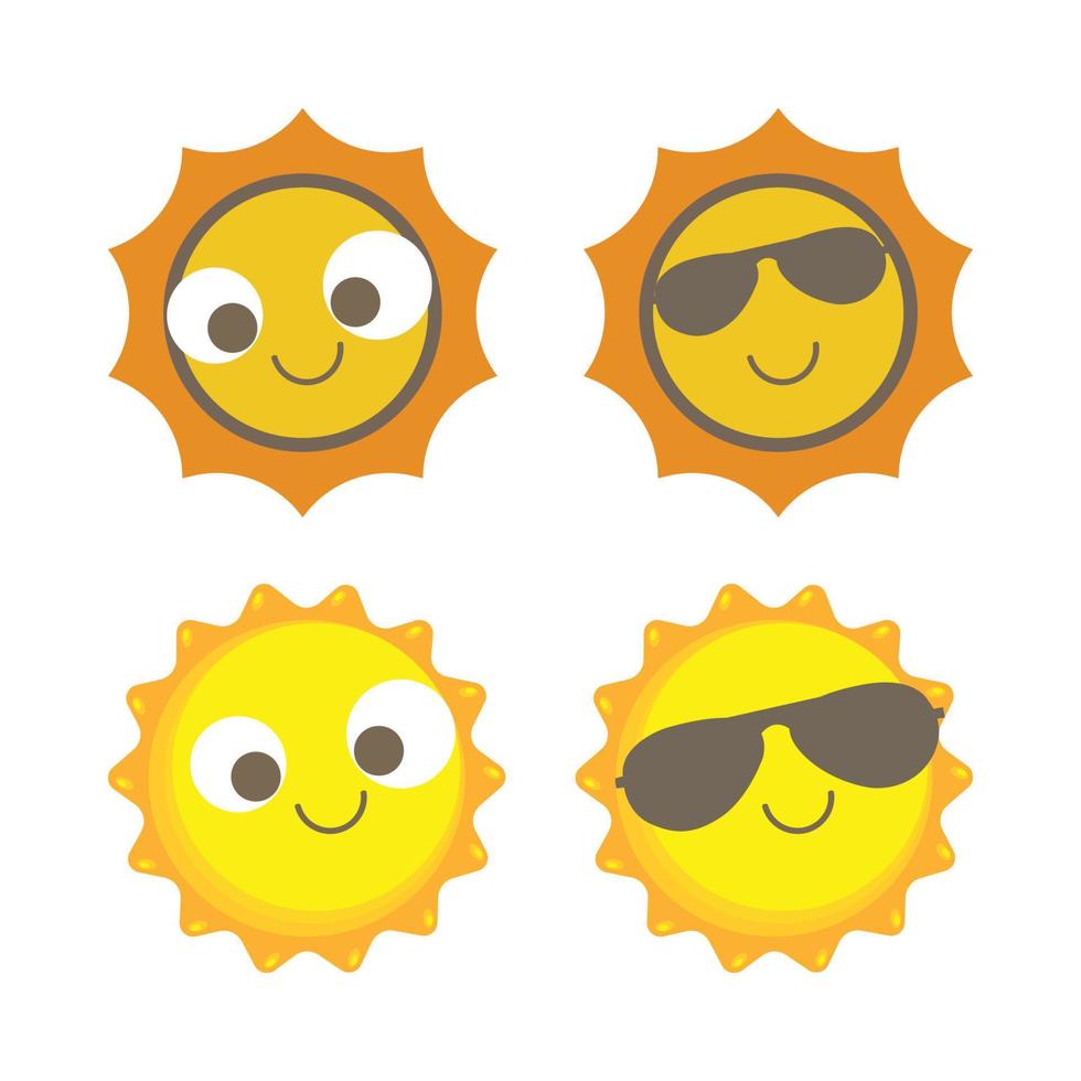 lindo adesivo de sol com forma redonda e cor amarela. sol bonito com um rosto sorridente e óculos de sol legais. raio de sol saindo do desenho vetorial do sol. coleção de adesivos de mídia social de vetor de sol.