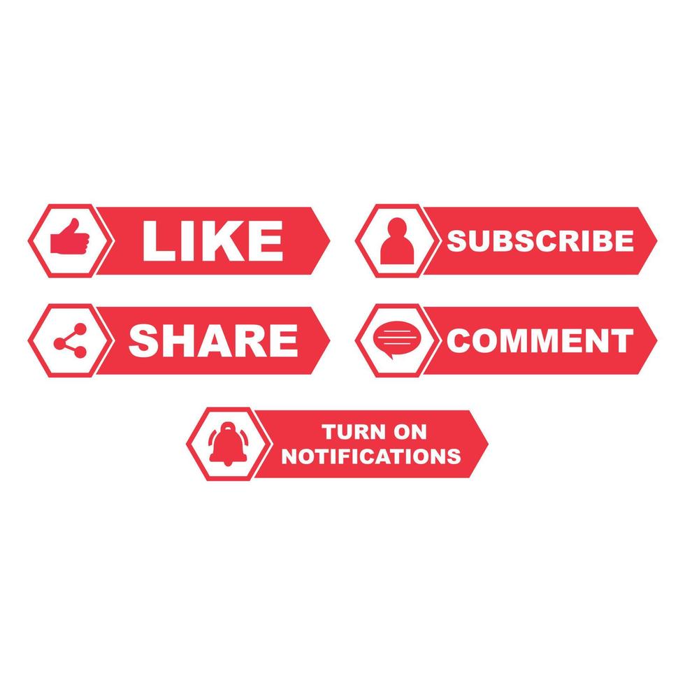 coleção de botões de inscrição metálica com a seção curtir, compartilhar e comentar. coleção de botões de cor vermelha para postagens de mídia social. design de cor vermelha para mídias sociais. vetor