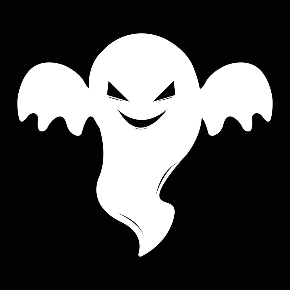 fantasma branco de halloween com design de olhos de diabo em um fundo preto. fantasma com design de forma abstrata. ilustração em vetor elemento festa fantasma branco de halloween. vetor fantasma com uma cara assustadora.