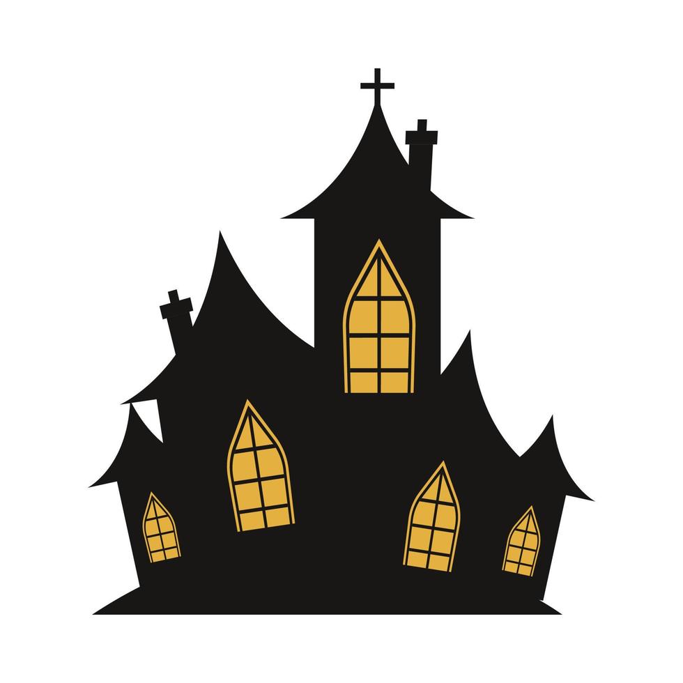 projeto de vetor de casa assombrada assustador em um fundo branco. design de silhueta de casa assombrada de halloween com sombra de cor amarela. design para evento de halloween com ilustração vetorial de casa.