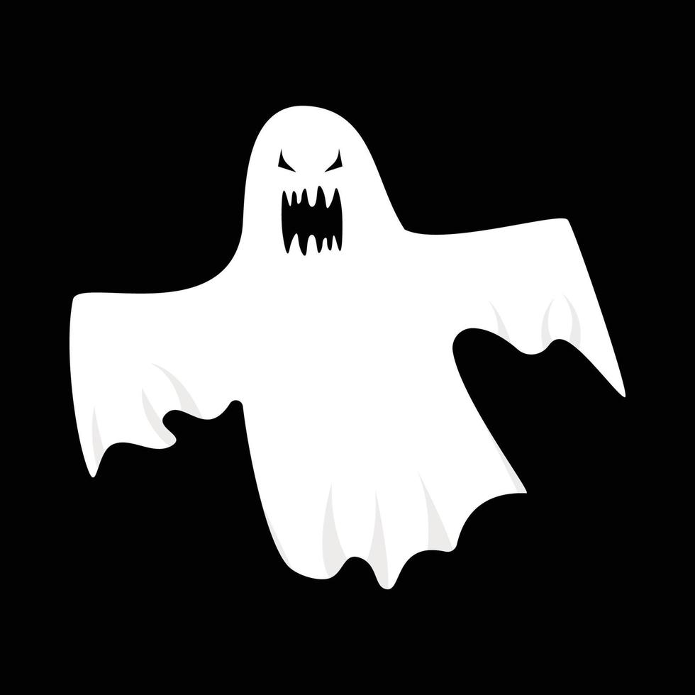 projeto fantasma branco muito assustador de halloween com um rosto mal em um fundo preto. fantasma com design de forma abstrata. ilustração em vetor elemento festa fantasma branco de halloween. vetor fantasma com cara de mal.