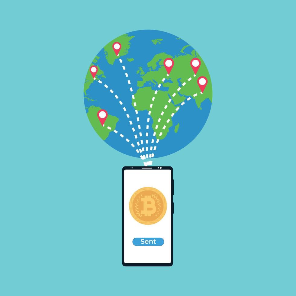 enviando bitcoin para qualquer lugar do mundo com um vetor de smartphone. método de transação bitcoin e dinheiro com um mapa do mundo e pontos de localização. sistema de transação de dinheiro online com um telefone celular.